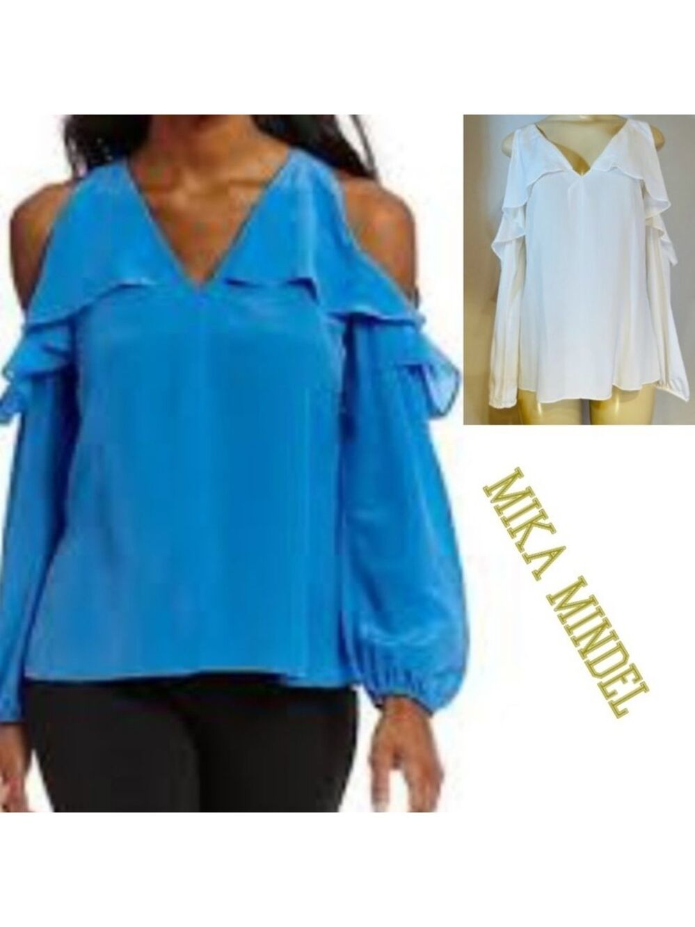 🎩🗝️ NWT $129 OFF-White 100% SILK Mika Mindel Cold Shoulder Vienna Blouse - S